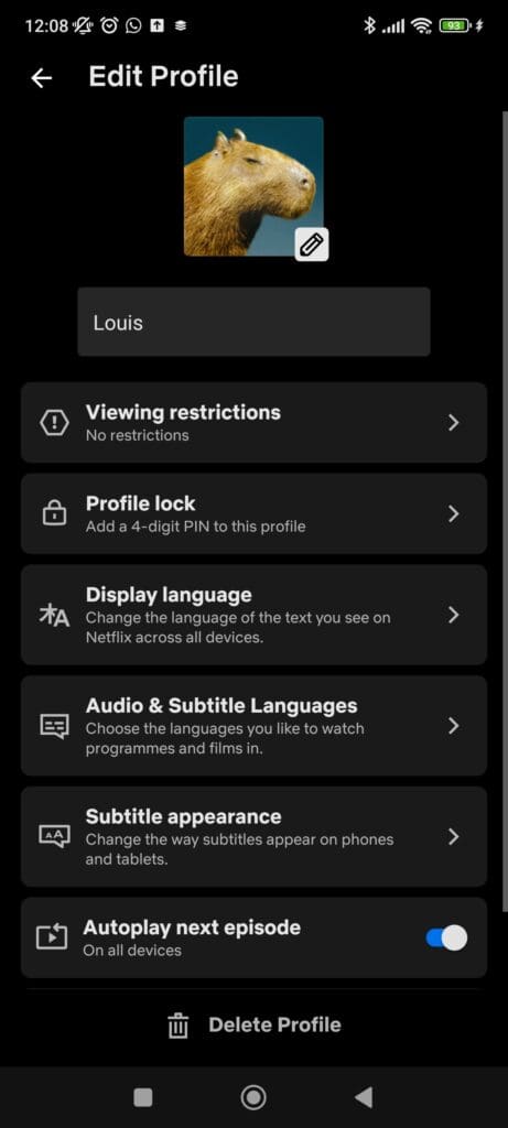 Netflix profile page