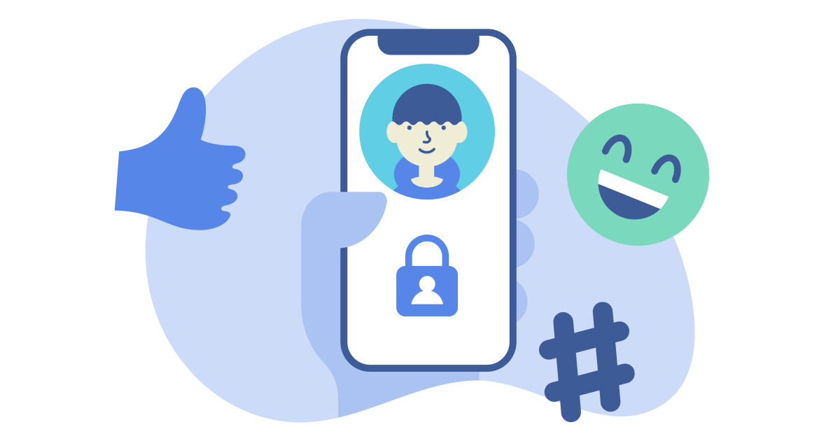 Hand hält ein Telefon mit Sicherheitsschlosssymbol auf dem Bildschirm und lacht Emoji