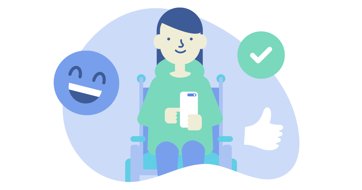 Dziecko na wózku inwalidzkim na telefonie z kleszcza i uśmiechnięty emoji