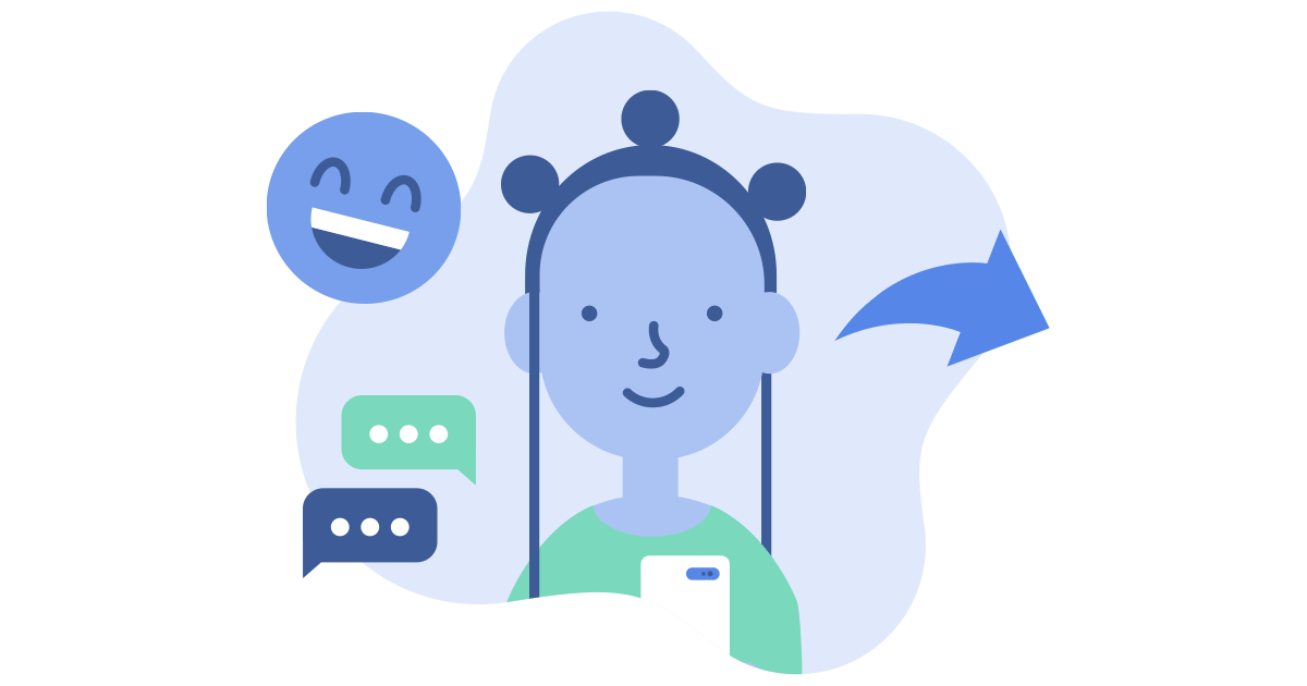 Teenager, der Telefon mit einem lachenden Emoji und einer Sprachikone betrachtet
