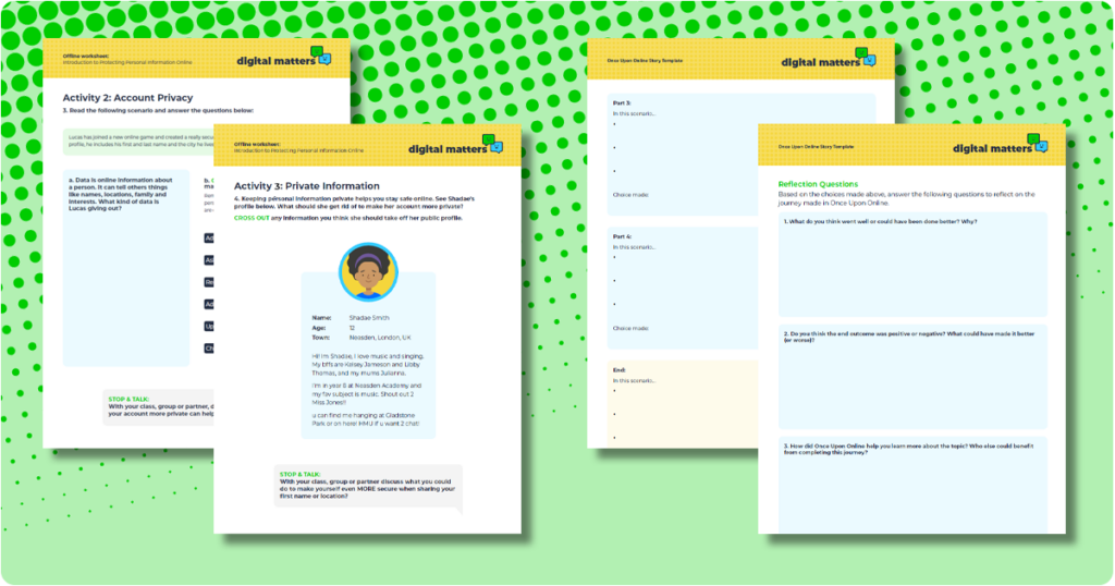 Capture d'écran de 2 pages de chacun des documents hors ligne Apprentissage interactif et Once Upon Online disponibles pour les enseignants inscrits.