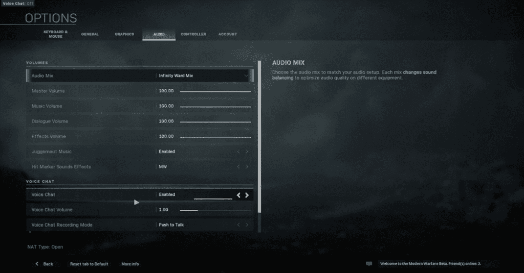 Options settings in call of duty game