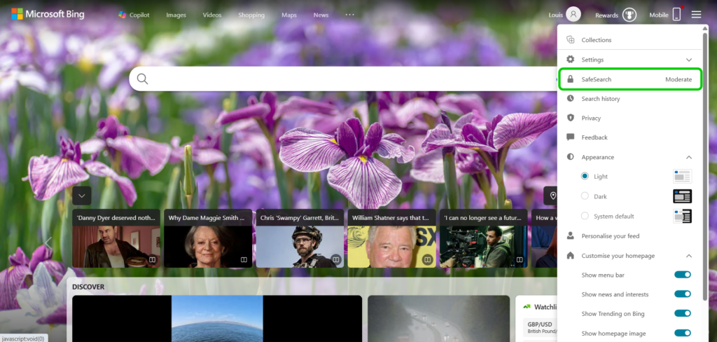Bing dropdown menu