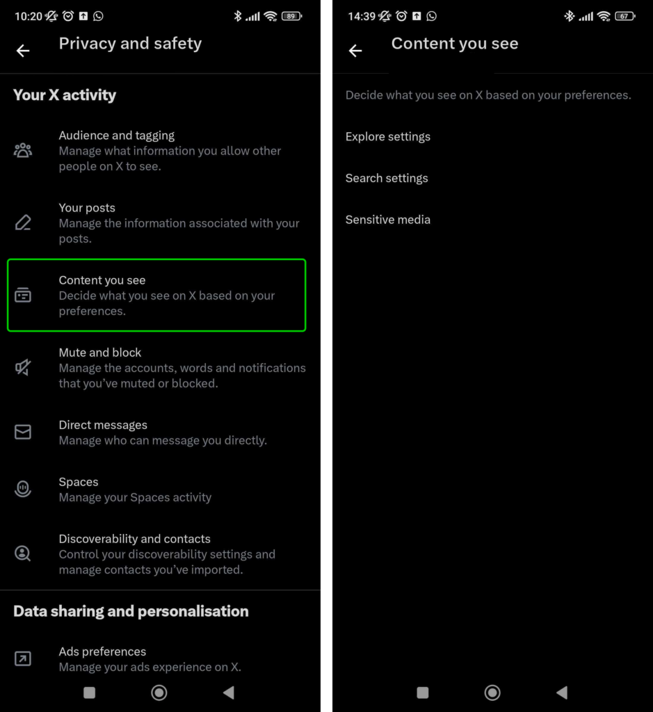 X Content you see settings