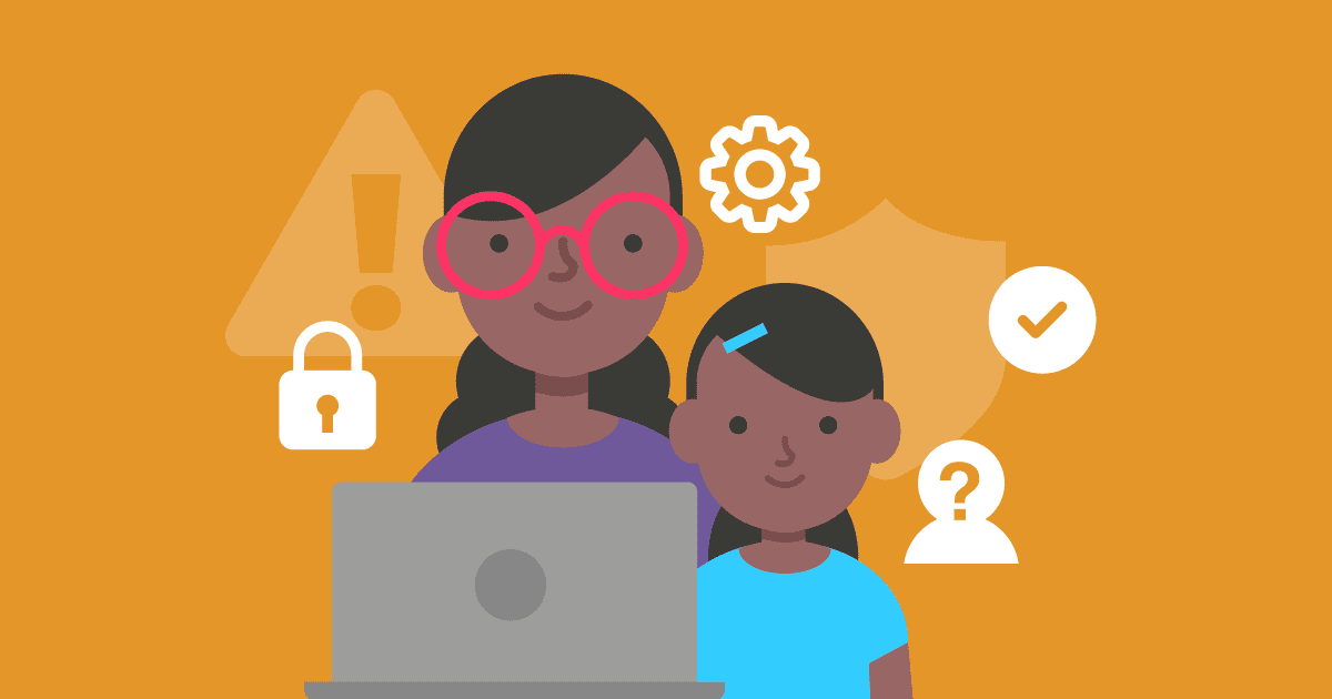 A mother and a child looking at a laptop screen with security warning icons around them.