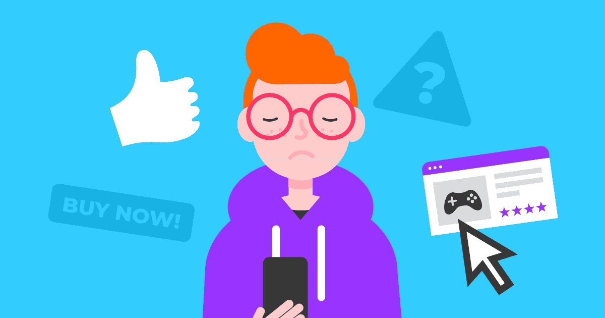 Un adolescente con el ceño fruncido usa su teléfono inteligente mientras los íconos que muestran estafas en las redes sociales flotan a su alrededor.