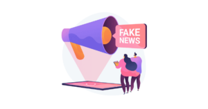 Text reads 'fake news' in front of a megaphone with characters looking up at it.