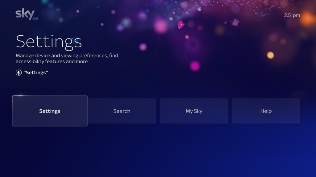 Sky Glass Settings menu