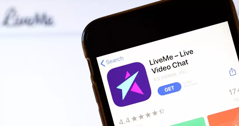 A smartphone shows the LiveMe app available in an app store.