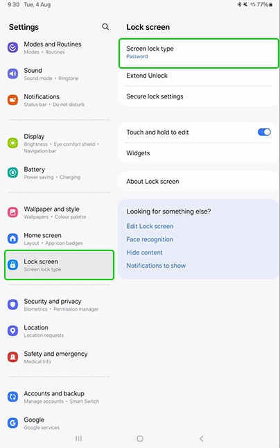 Android tablet lock screen settings