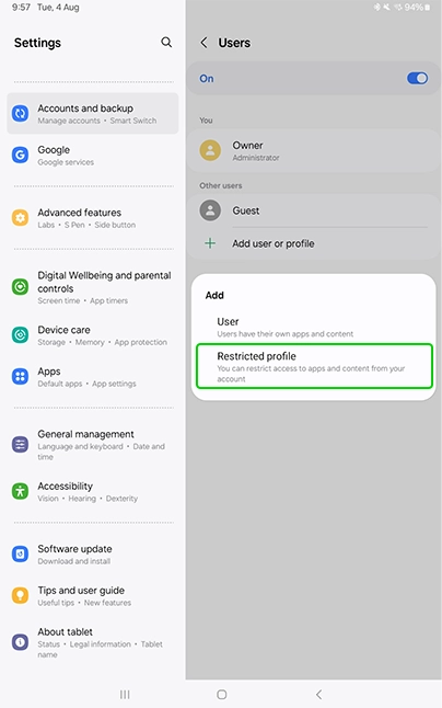 Android tablet add user or profile