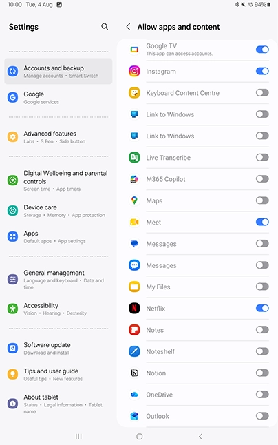 Android tablet toggles
