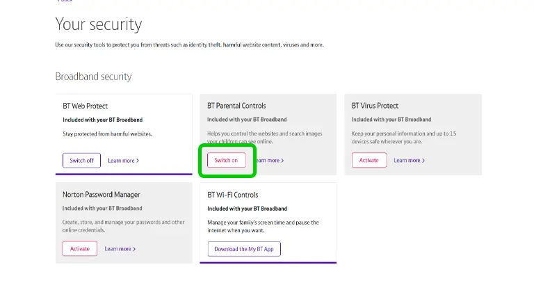 Screenshot of Your Security menu on BT broadband.