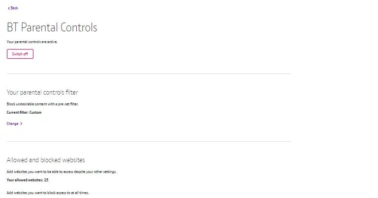 Screenshot of BT Parental Controls screen.