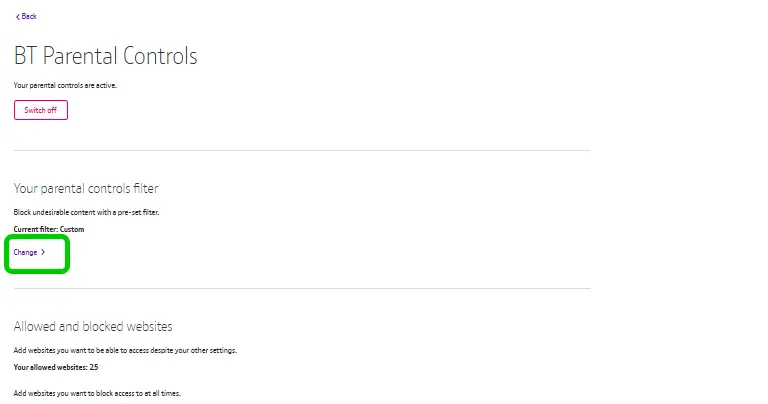 Screenshot of BT Parental controls menu.