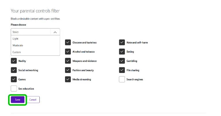 Screenshot of BT filters menu.