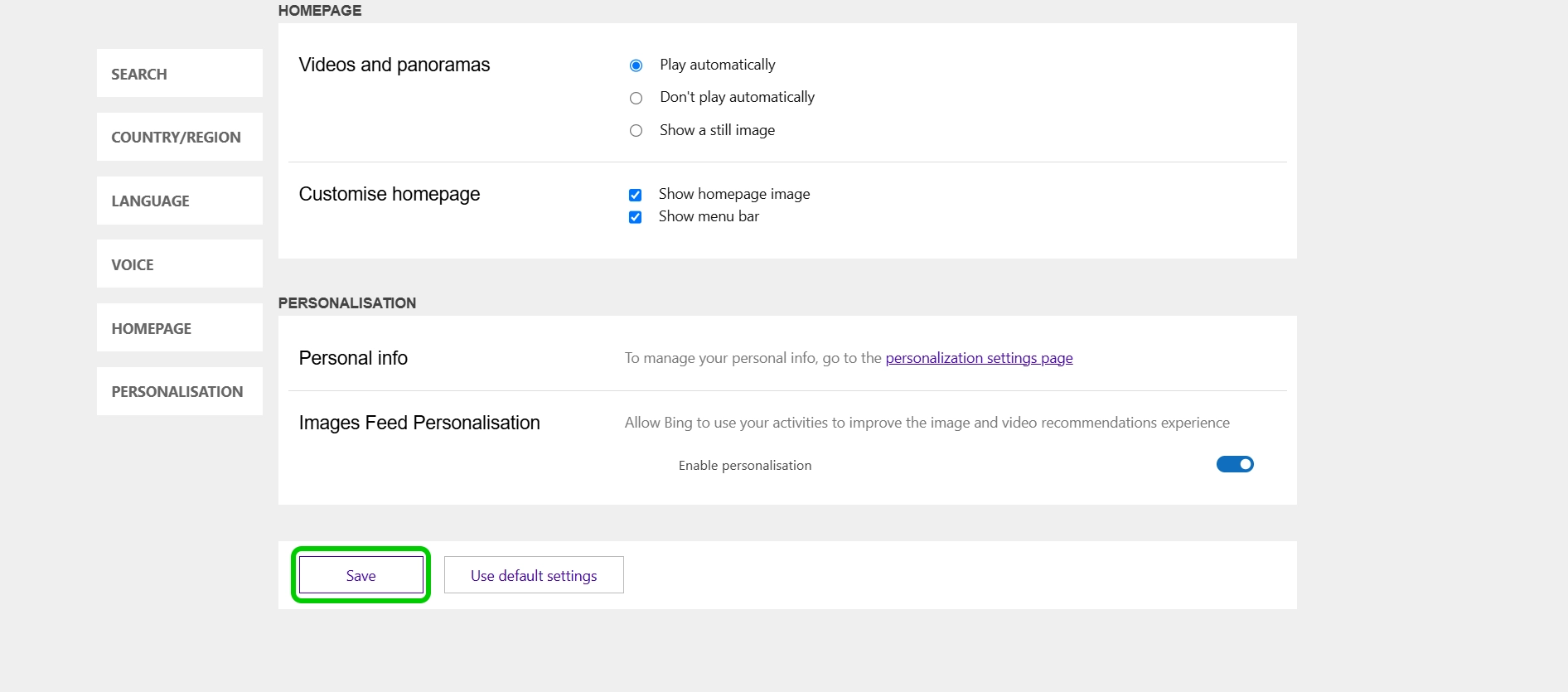 Bing SafeSearch save