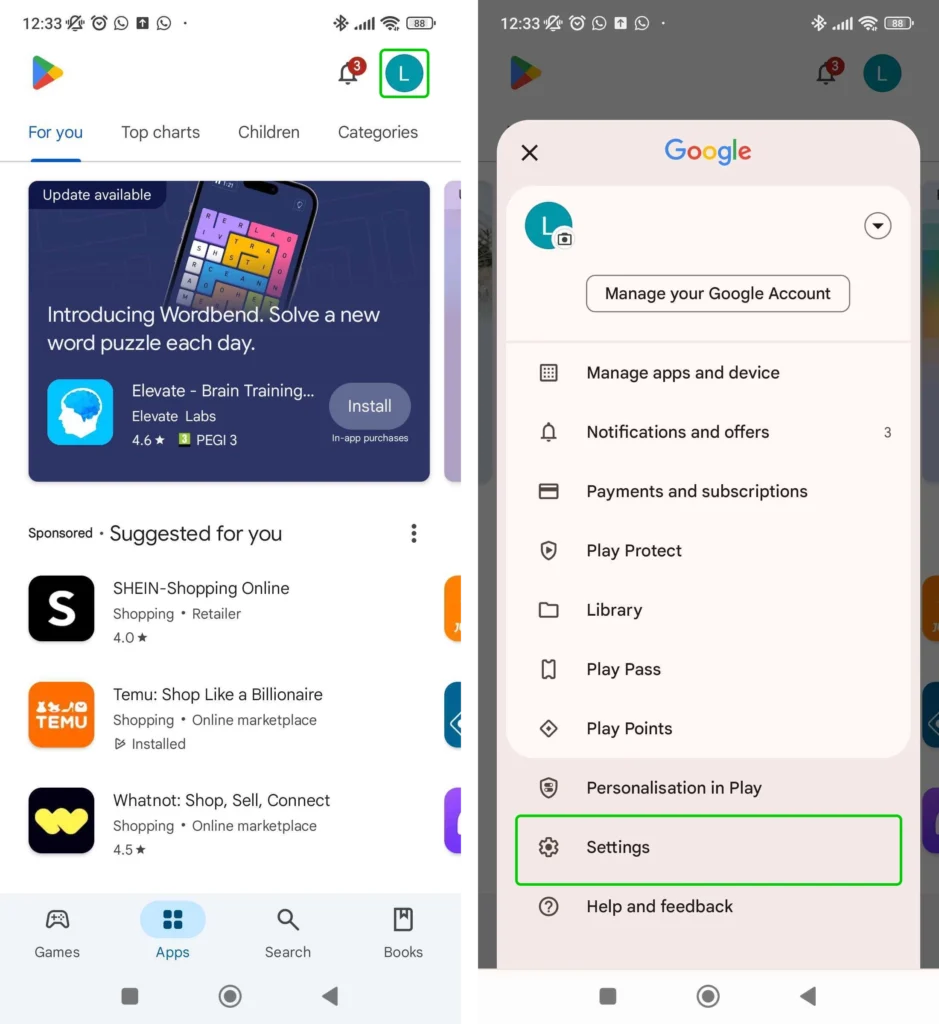 Google Play homepage and menu