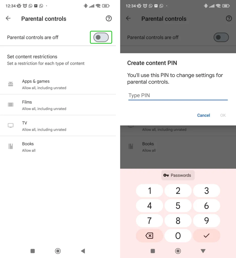 Google Play parental controls toggle and PIN