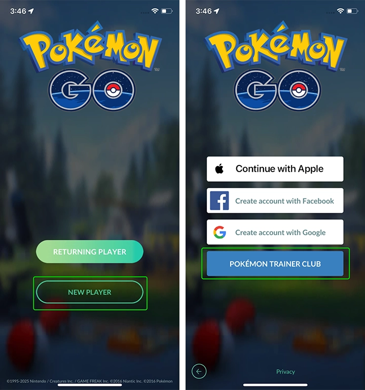 Pantalla de inicio de sesión de Pokémon Go