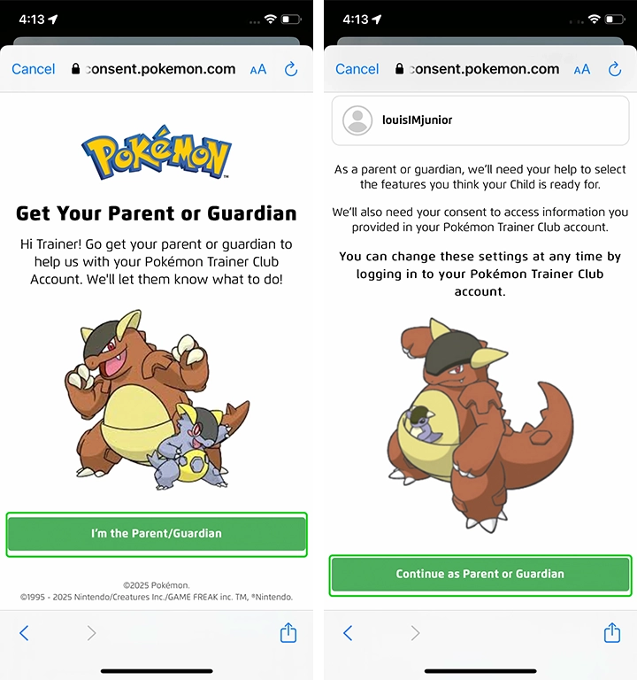 Pokémon Ir a la página de consentimiento de los padres