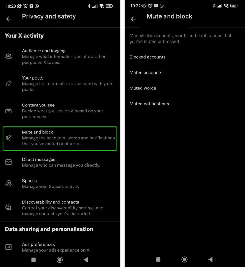 X Mute and block settings