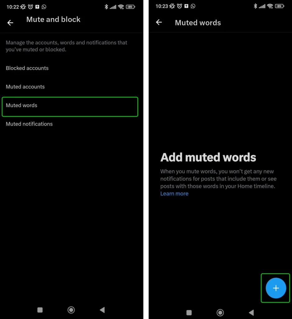X Muted Words page