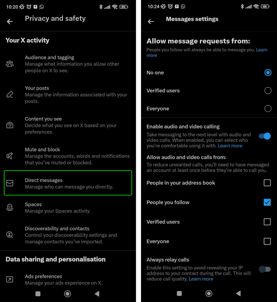 X messaging settings