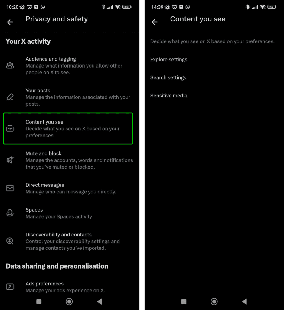 X Content you see settings