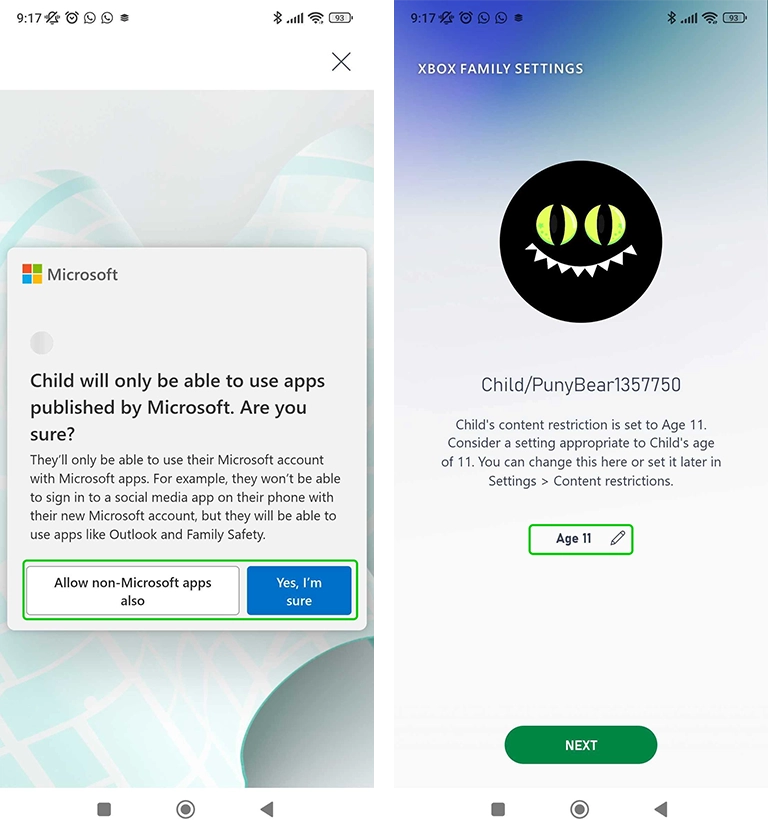 Página de creación de cuenta infantil de Xbox Family Settings
