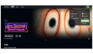 Screenshot of Prime Video home page with menu open and 'Manage profiles' highlighted.