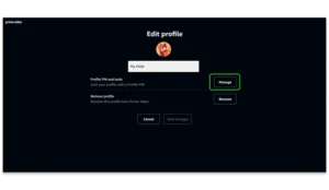 Screenshot of a profile on Prime Video with 'Manage' highlighted next to 'Profile PIN and locks'.