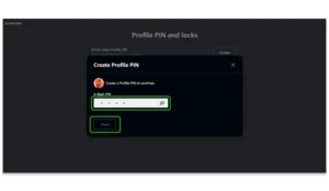 Screenshot of the PIN creation screen within Manage profiles on Amazon Prime Video.