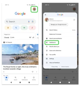 Screenshot of Google app settings with SafeSearch highlighted.