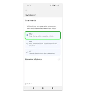 Screenshot of the SafeSearch settings in the Google app.