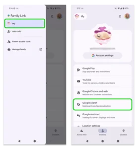 Screenshot of Google Family Link with search settings highlighted.