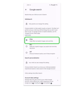 Screenshot of SafeSearch settings in Google Family Link.