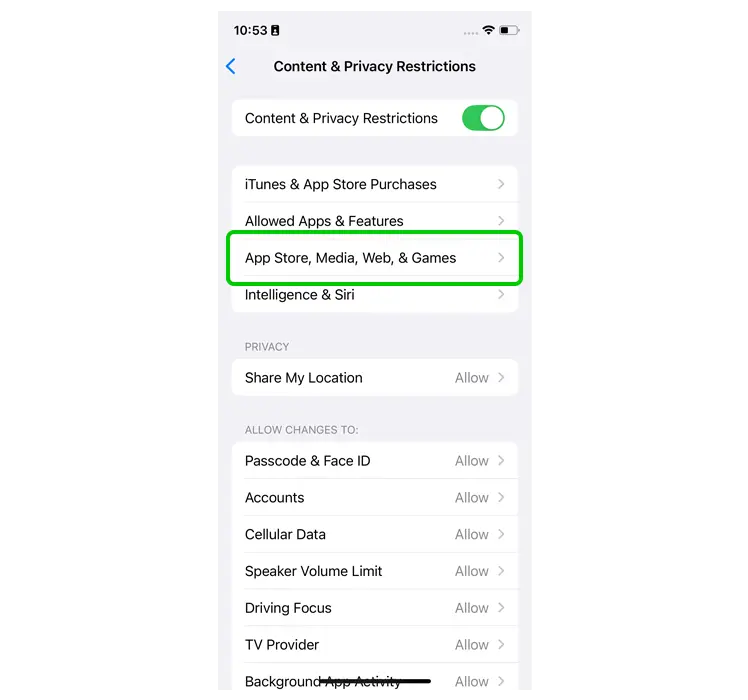 Content and Privacy Restrictions menu with App Store, Media, Web, and Games highlighted.