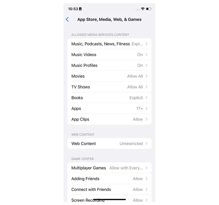 App Store, Media, Web, and Games menu.