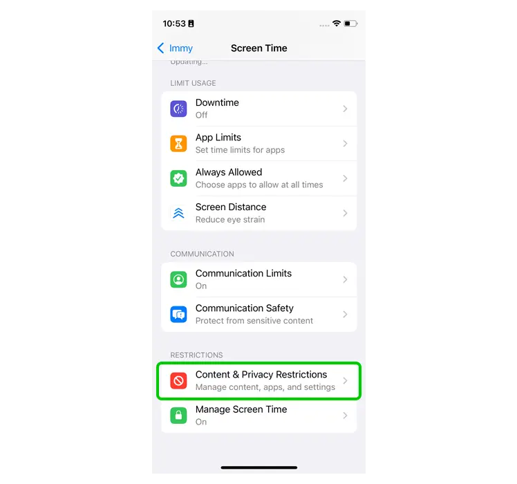 Screen Time menu with Content and Privacy Restrictions selected.