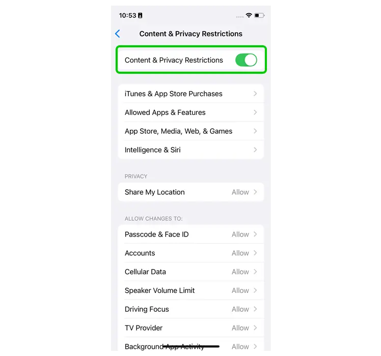 Content and Privacy Restrictions menu