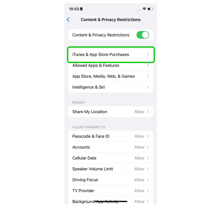 Content and Privacy Restrictions menu with iTunes and App Store Purchases highlighted.