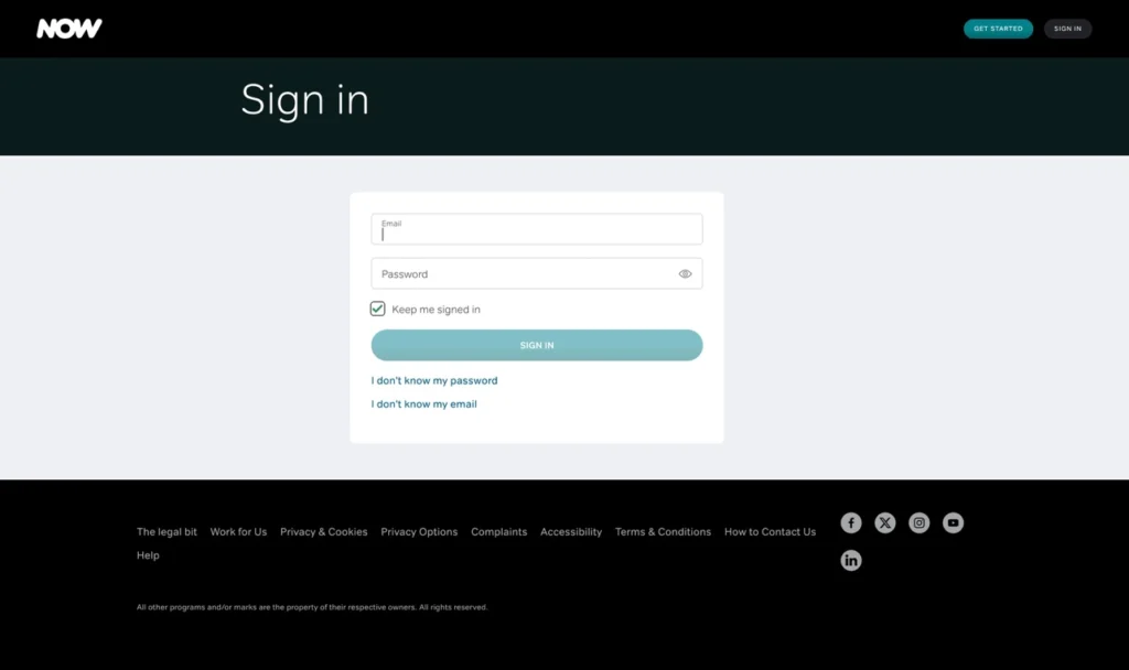 NOW sign in page