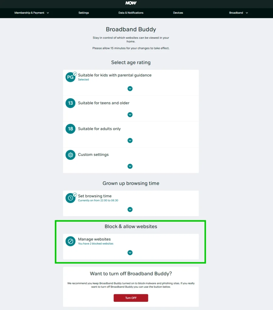 NOW Block and allow websites section