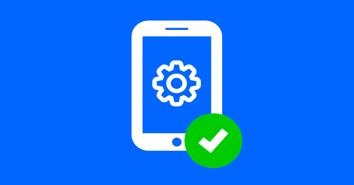 Smartphone icon with a gear symbol inside it to represent setting up devices for kids' online safety. A white tick in a green circle represents the e-safety checklist this image heroes.