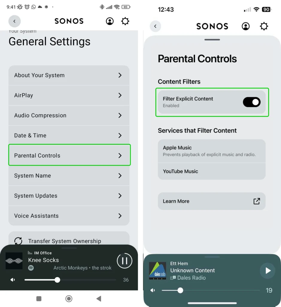 Sonos general settings and parental controls