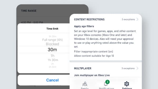 Screenshot of Xbox family settings app