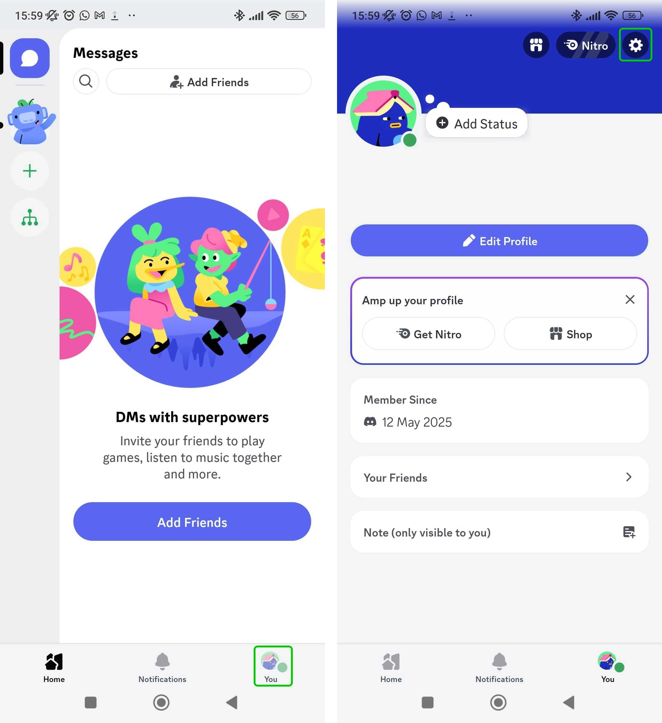 Discord home screen and account screen