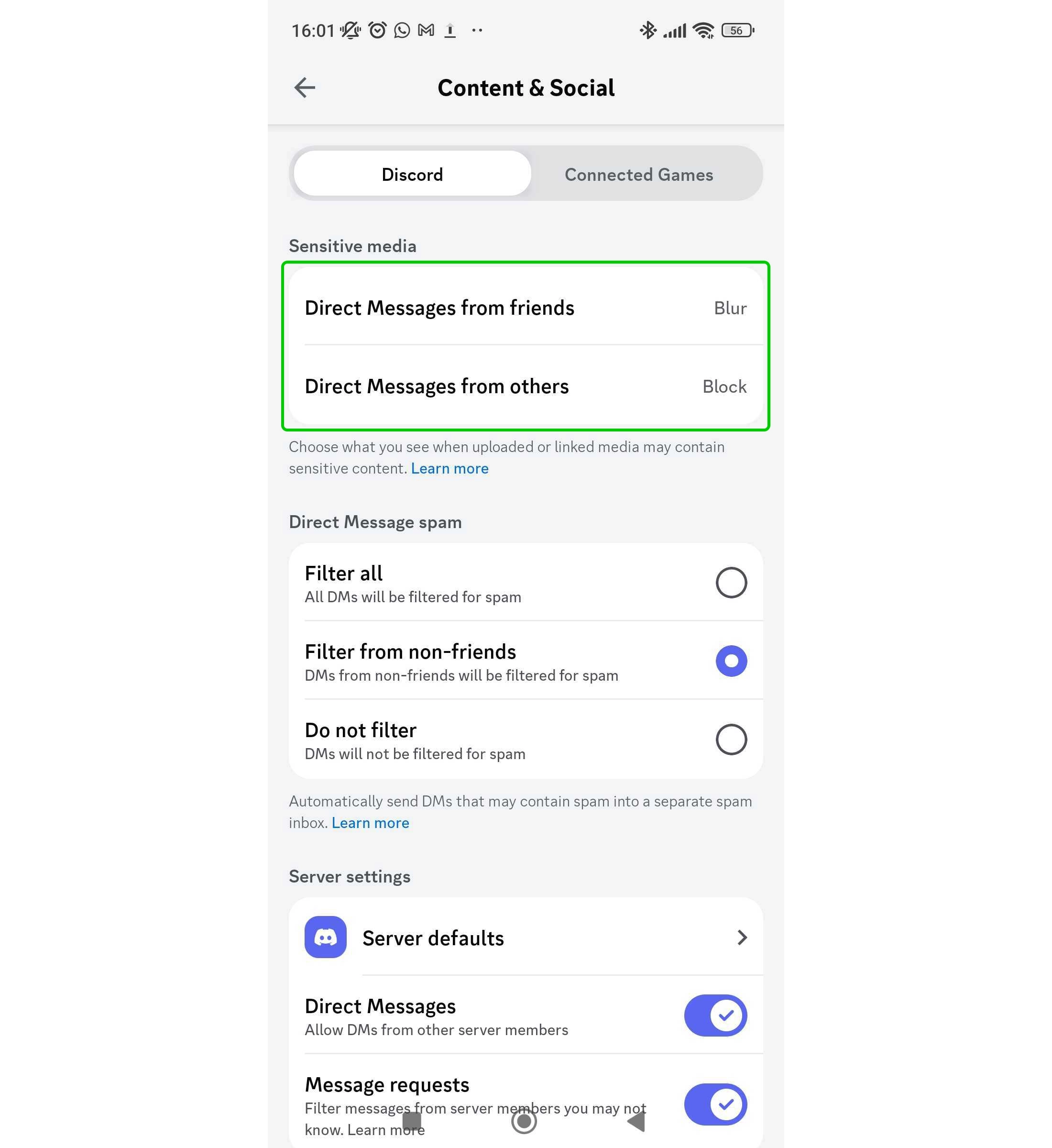 Discord social settings