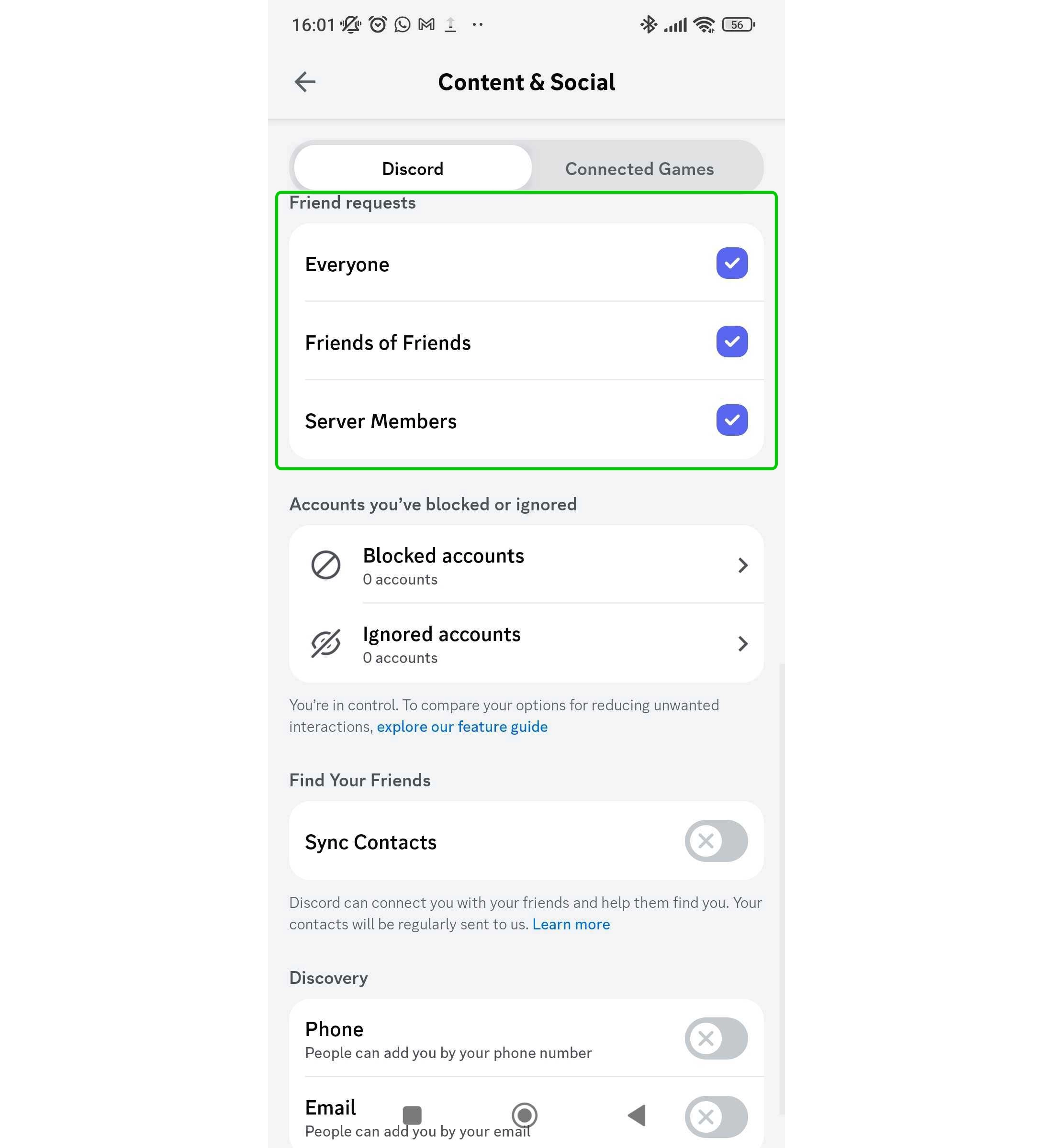 Discord social settings